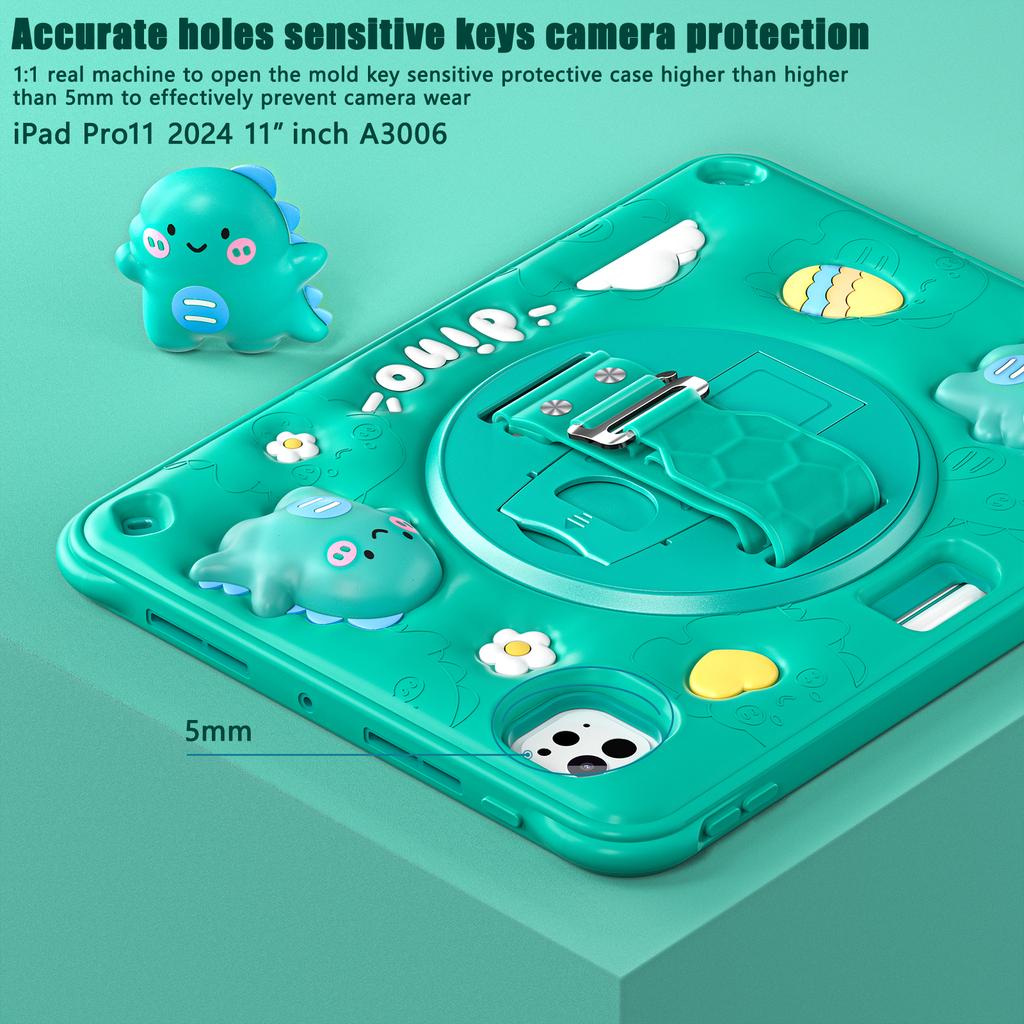 For iPad Pro 11 (2024) Case Cartoon Dinosaur Hand Strap Kickstand PC+Silicone+TPU Cover