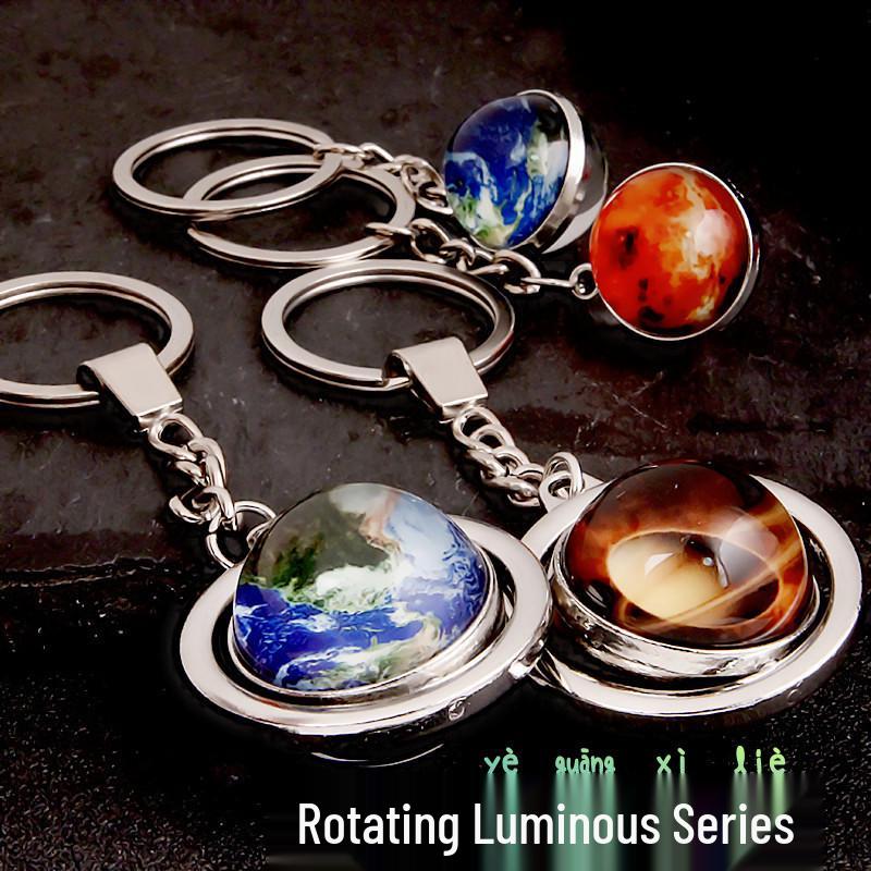 Rotating Saturn & Planets Crystal Keychain with Luminous Sun & Moon