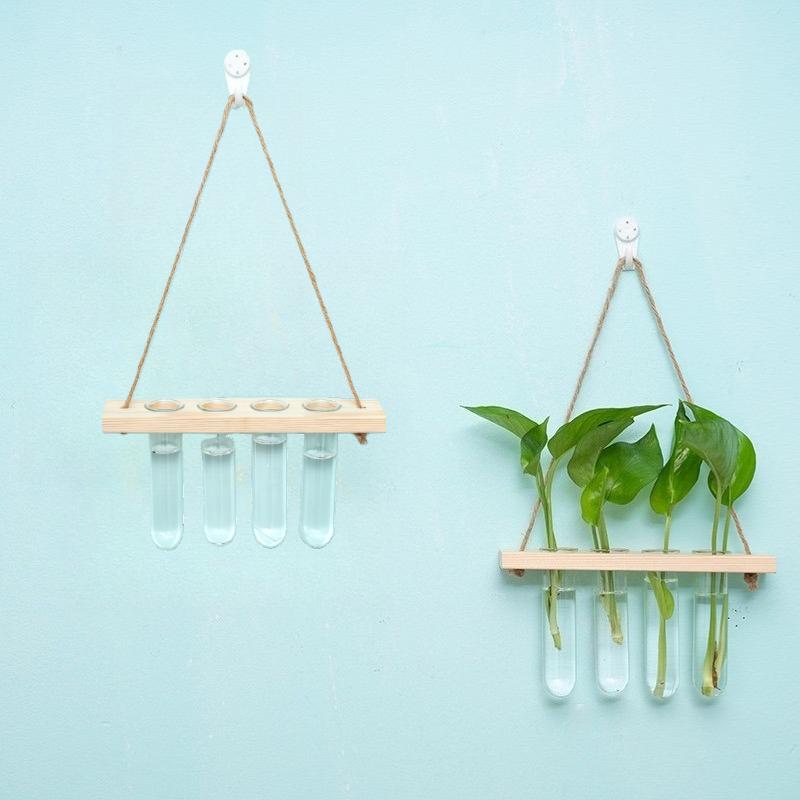 Wall Hanging Propagation Station with Wooden Stand Glass Test Tubes Garden Decor for Floral Arrangements Home Office Decor