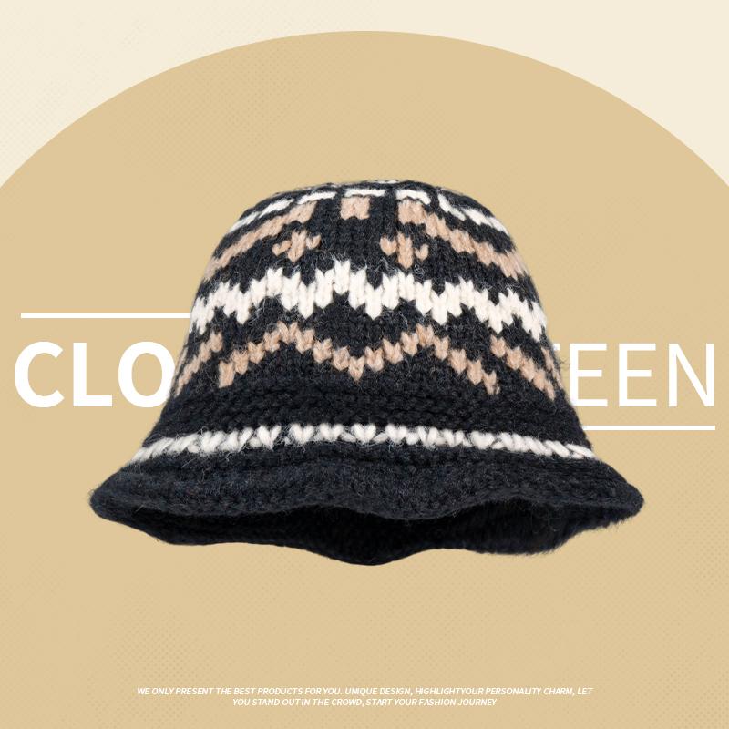 Vintage mixed-color knitted pattern hand-woven wool hat women's winter warm crimped ear hat women