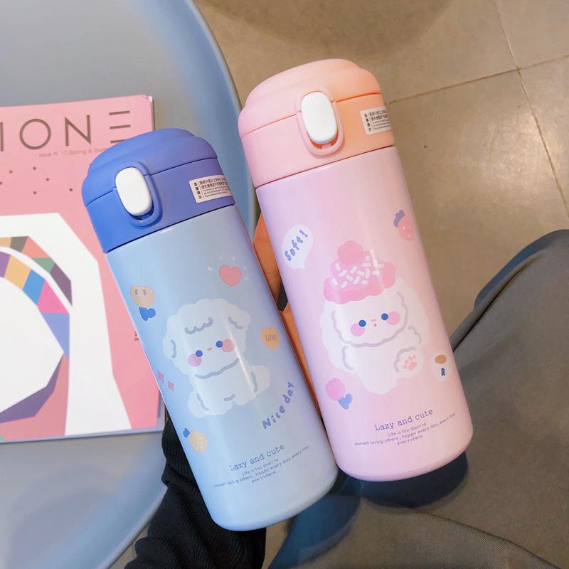 380ML Straw Cups Thermos Vacuum Flask Stainless Steel Cute Cartoon Protable Water Bottle for Girls Insulated Outdoor Tumbler