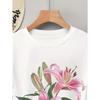 European sizes Women's T-Shirt with Elegant Floral Print - Black Casual Short Sleeve Top Featuring Pink Lilies & Green Leaves