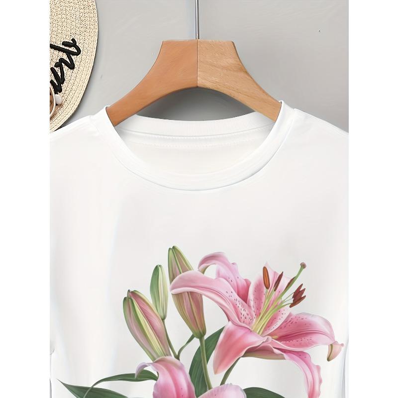 European sizes Women's T-Shirt with Elegant Floral Print - Black Casual Short Sleeve Top Featuring Pink Lilies & Green Leaves