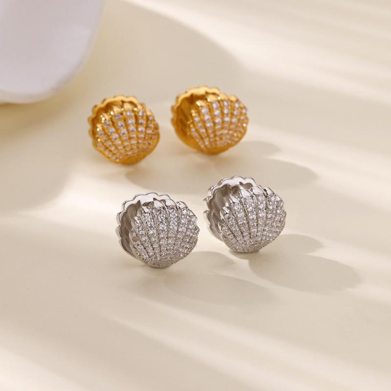 Aogu new fashion light luxury copper gold-plated zircon shell shape ear buckle women's niche premium earrings
