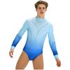 Mens Figure Skating Bodysuit Gradient Color Rhinestones Mock Neck Long Back Zipper One Piece Leotard