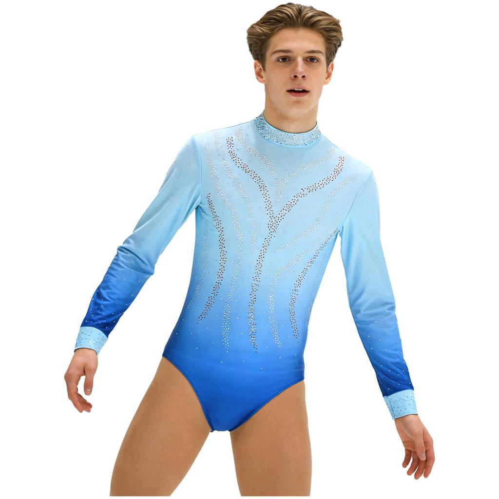 Mens Figure Skating Bodysuit Gradient Color Rhinestones Mock Neck Long Back Zipper One Piece Leotard