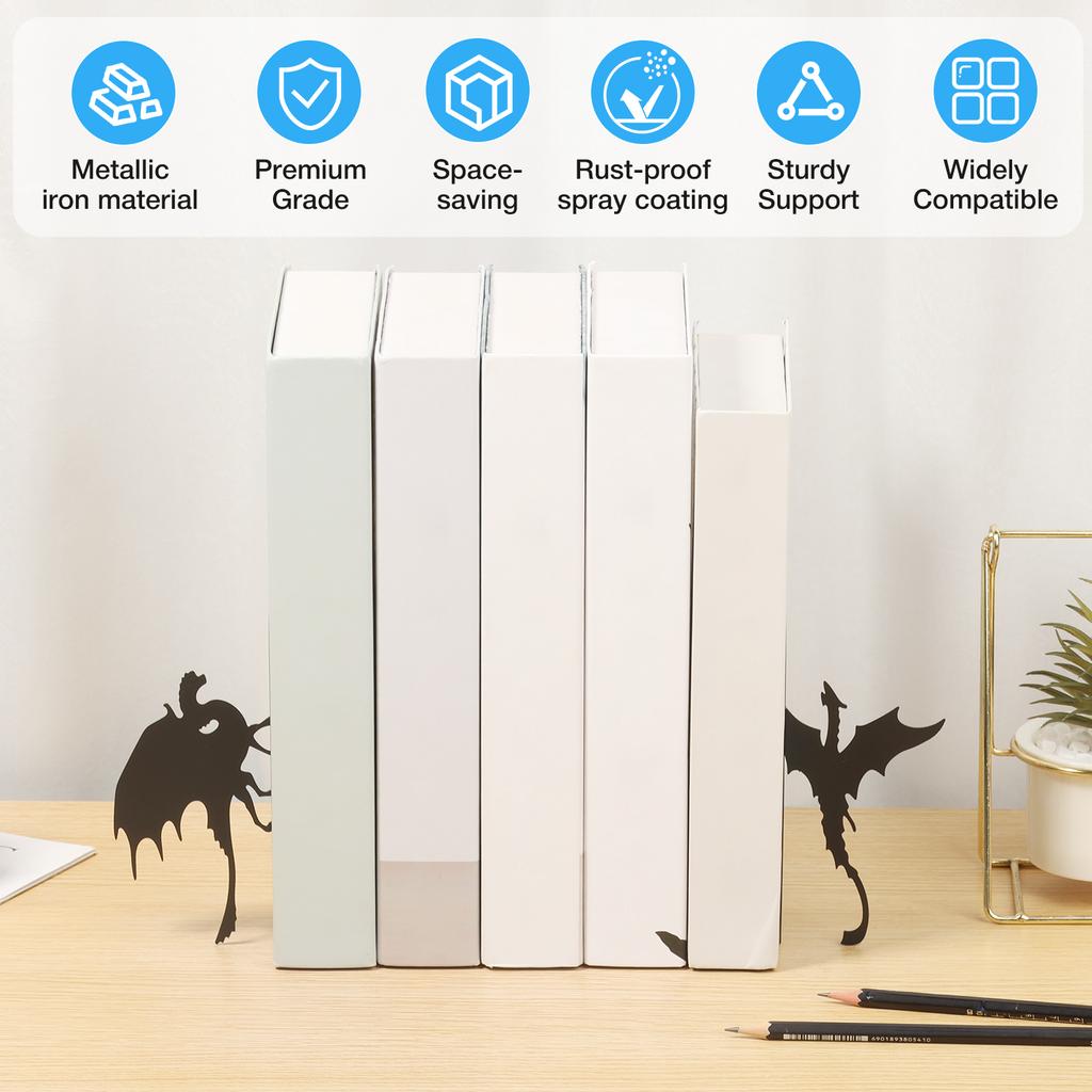 2 Pcs Dragon/Cat Bookend Metal Book Holder Rust Resistant Stable Support Book Holders Documents Storage Bookends for Home Office
