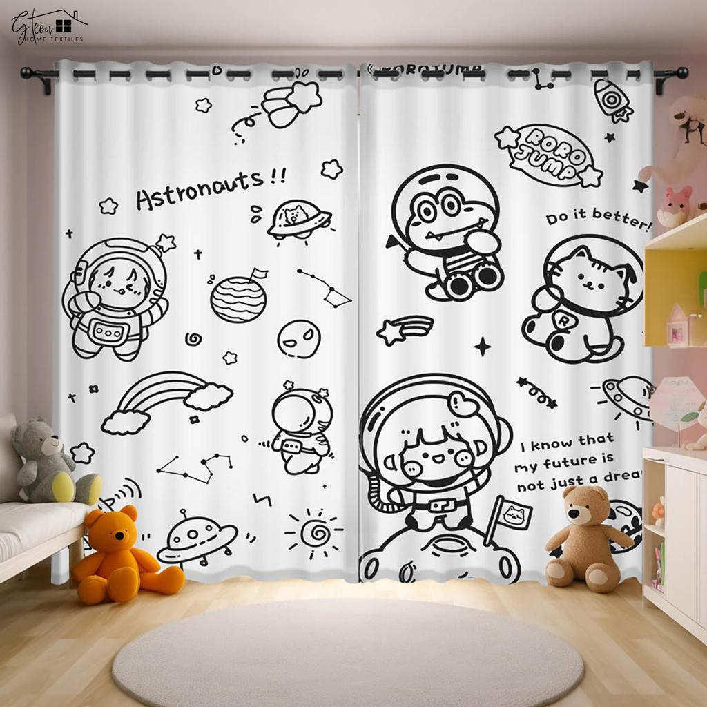 Niedliche Cartoon Universum Sternenhimmel Astronauten Druck Vorhänge Kinderzimmer Dekorative Vorhänge Kioom Wohnzimmer Küchenvorhänge