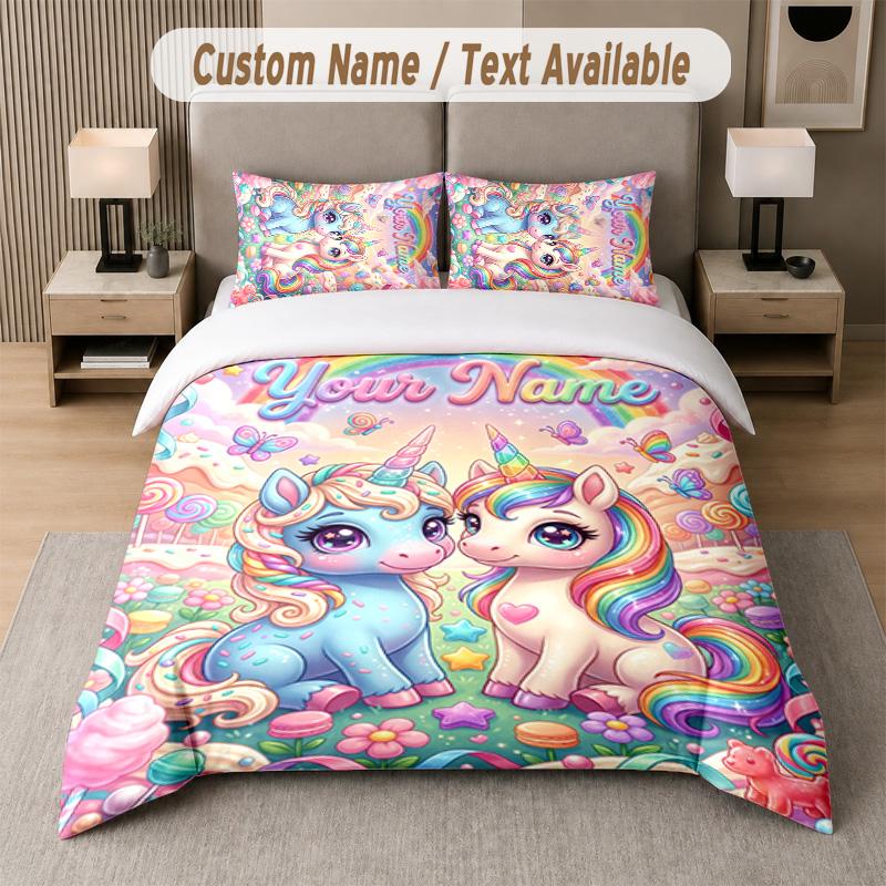 Unicorn Theme Custom Text Or Name 3Pcs Bedding Set 1 Flat Sheet & 2 Pillowcases Personalized Home Bedding