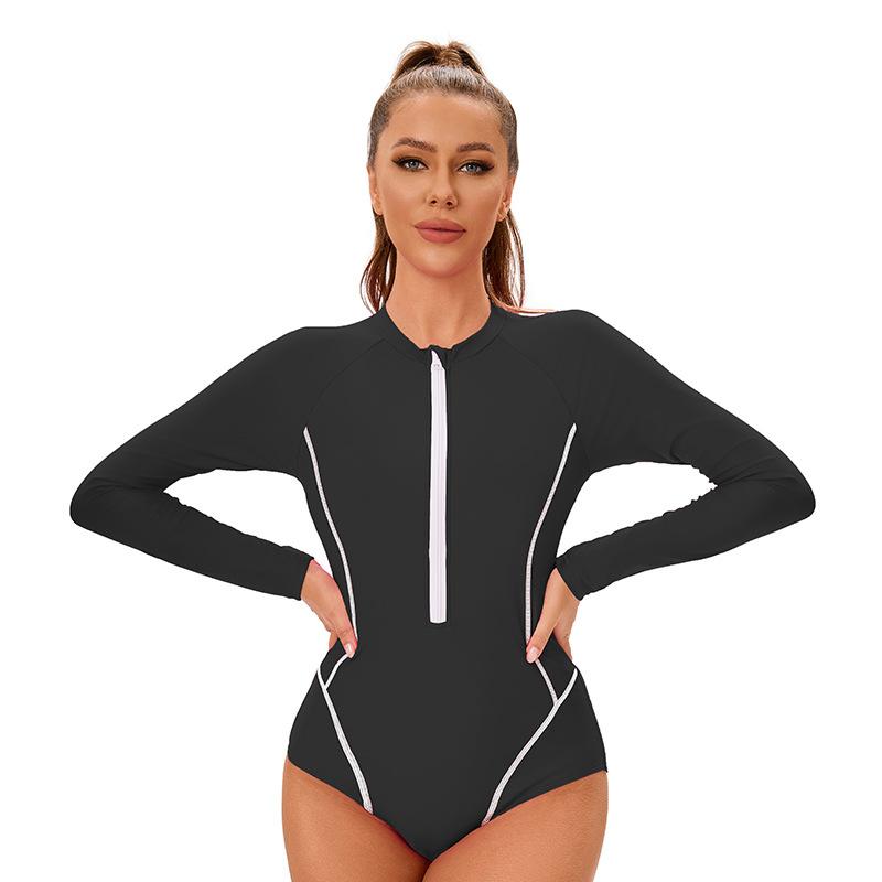 Women's Long Sleeve One-Piece Swim Suit with Front Zipper – Vibrant Color Options for Beach, Surfing, and Water Sports