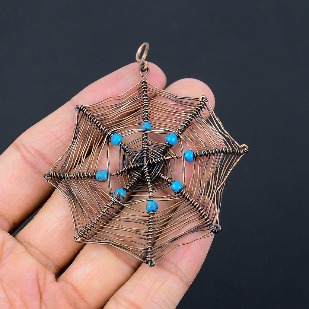 Spider Web Shaped Turquoise Gemstone Pure Copper Wire Wrapped Handmade Pendant Jewelry
