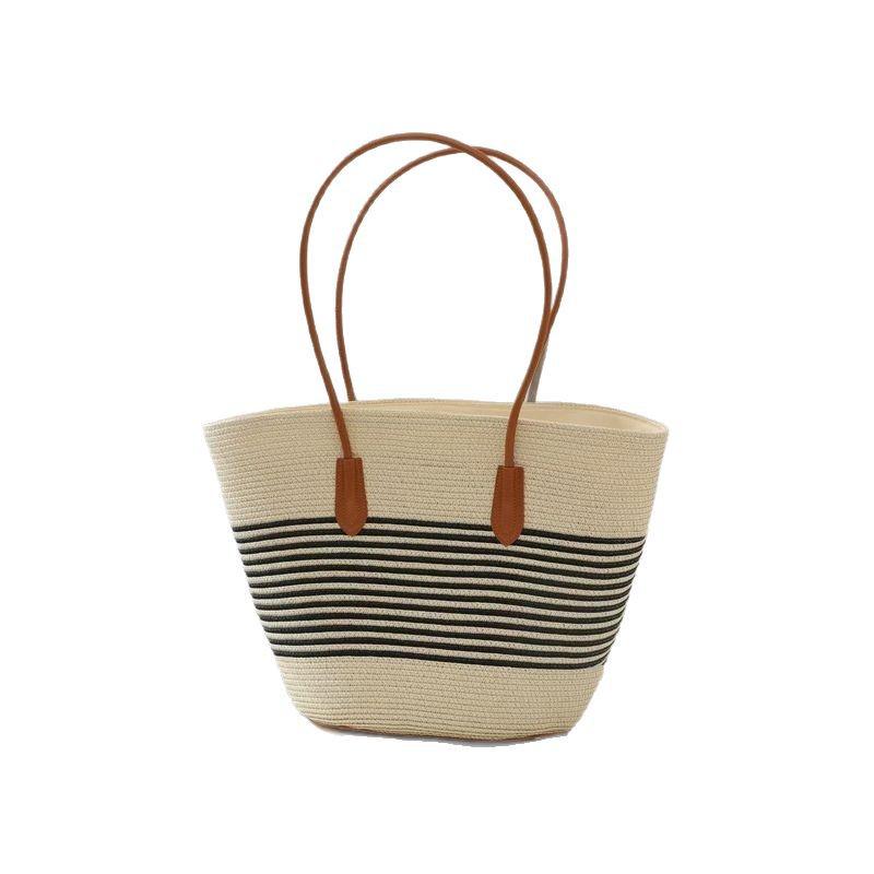 Women's Cowhide Woven Straw Tote - Large Capacity Summer Beach Bucket Bag