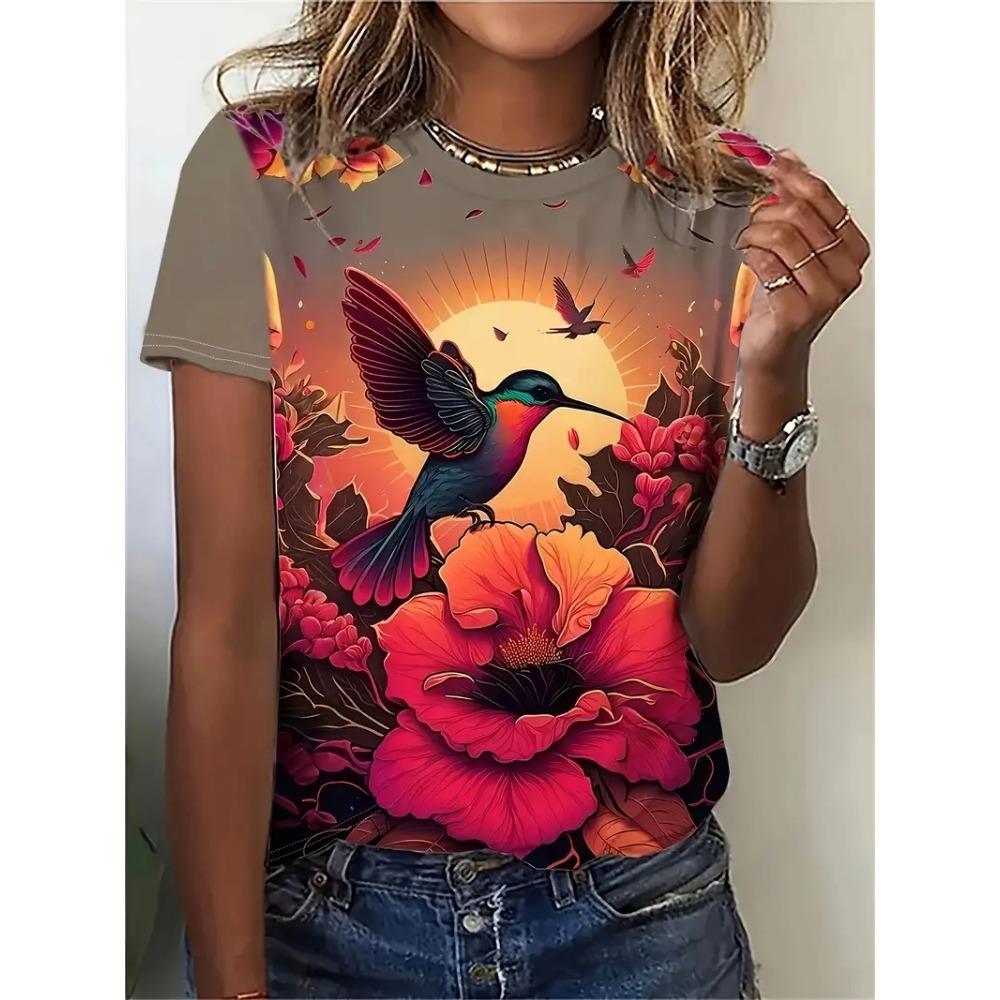 Fashionable 3D Animal Bird Print T-shirt for Women's Summer Casual O-neck Short Sleeved Top Kawaii Girls' T-shirt Loose and Trendy Women's Clothing