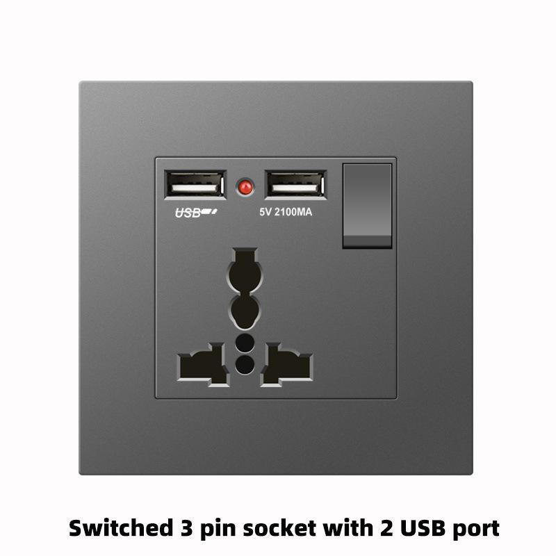 UK Grey 86 Panel 13A Household Wall Power Switch Socket, with USB, 220V Universal Socket, 18W Type-C Fast Charging Socket,