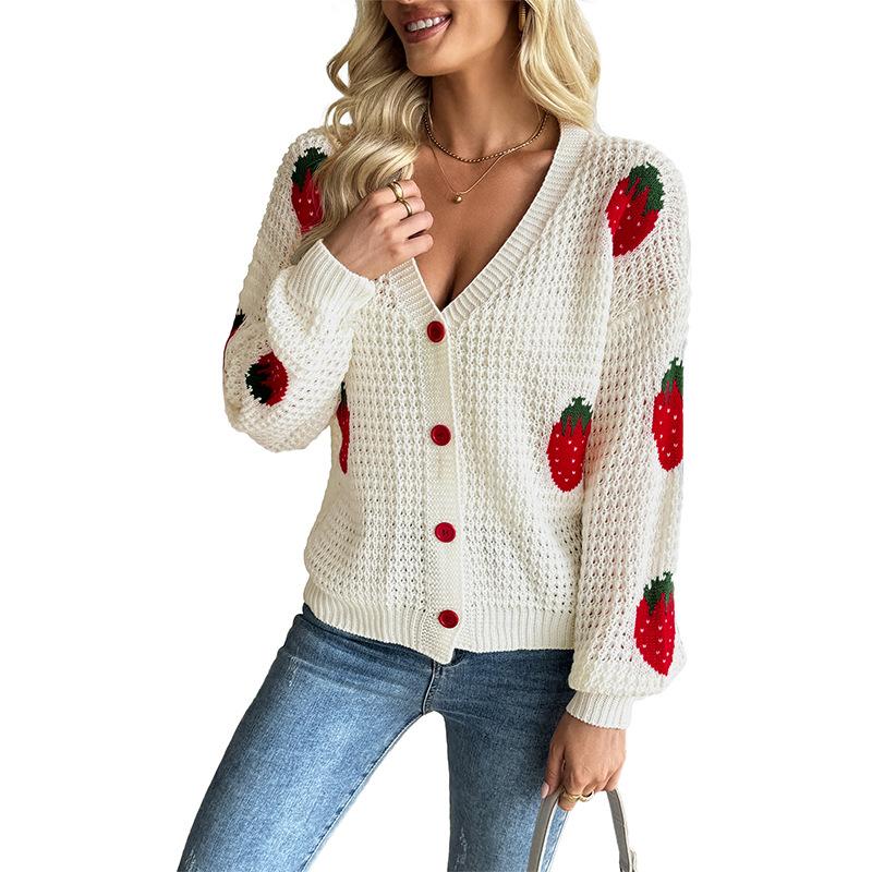 The New Autumn Casual Cardigan Is A Versatile Strawberry Jacquard Knitted Sweater for Women