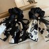 2Pcs Elegant Bow Hair Accessories Set - Elegant Black & White Hair Ties And Bow Clips With Flower Print For Braids, Buns, Ponyta
