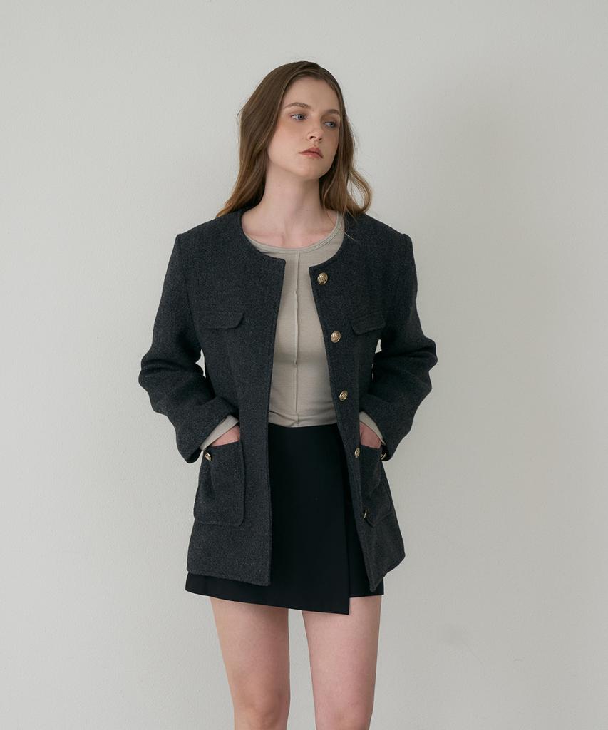 DEHEVE Classic Wool Collarless Jacket [Charcoal]