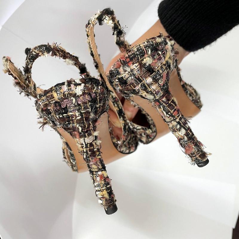 New Designer Costume Tweed High Heels Women Sexy Pointed Toe Back Strap Heeled Sandals Summer Elegant Party Wedding Women Pumps