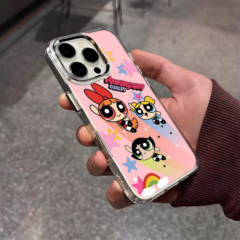 The P-Powerpuff Girls Cute Phone Case For IPhone 17 Air 16 E 15 14 13 12 11 Plus Pro Max Electroplated Transparent Soft Shell