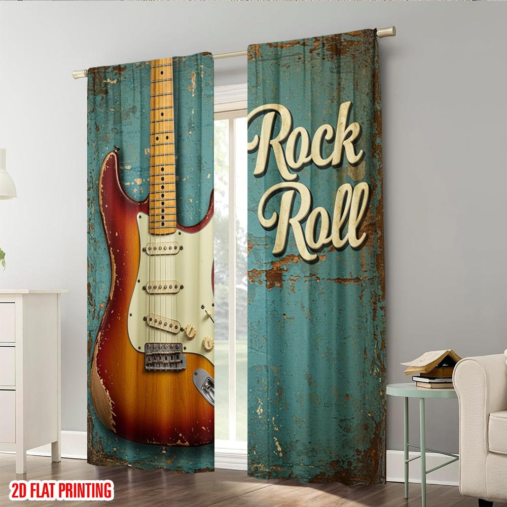Flat Printing Curtains Guitar Rock Roll Fabric Without Electricity Yard Garden No Power Needed Curtain Set Of 2 Vintage Made Polyester Washable