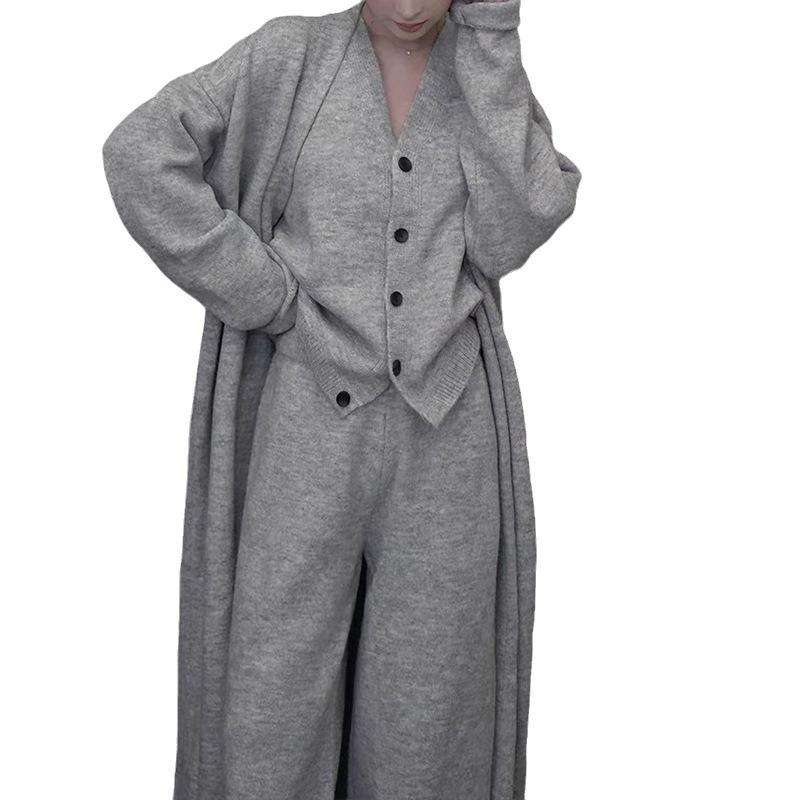 Vest Cardigan Wide-leg Pants Three-piece Casual Style Set Autumn and Winter New Solid Color Sweater