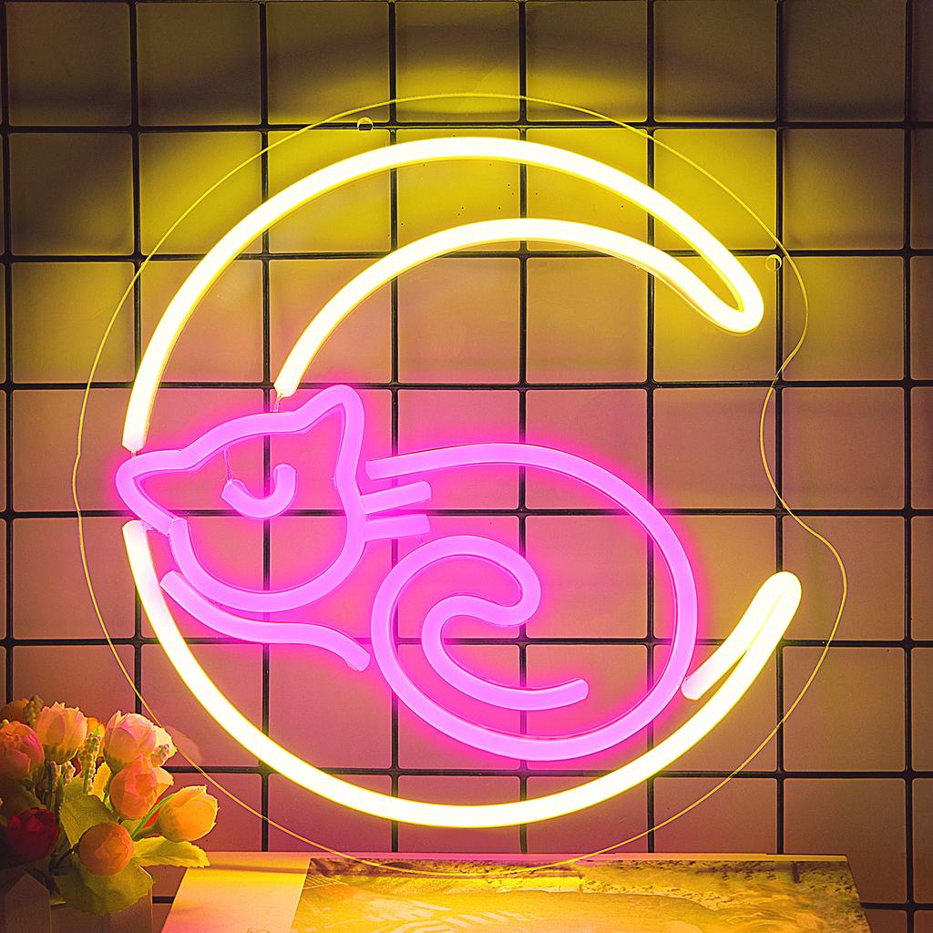 Moon Cat Neon Signs Dimmable Cartoon Cat Moon Light Art Wall Decorative Lights for Girl's Room Birthday Gifts Yollow Pink