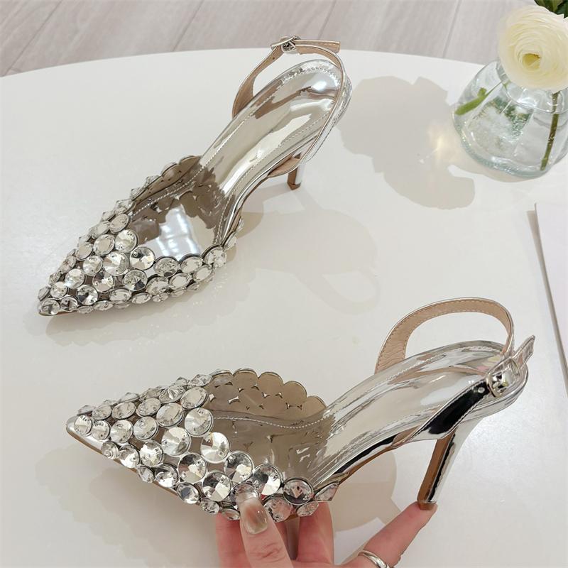 Eilyken Sexy Slingback Pointed Toe Women Pumps Elegant Crystal PVC Transparent Thin High Heels Party Prom Female Shoes