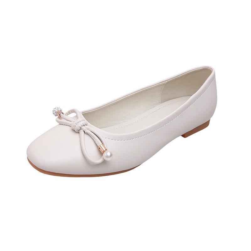 Cowhide version of the same style, Frida girl~ Classic square head bow shallow mouth exquisite pearl ballet leather shoes