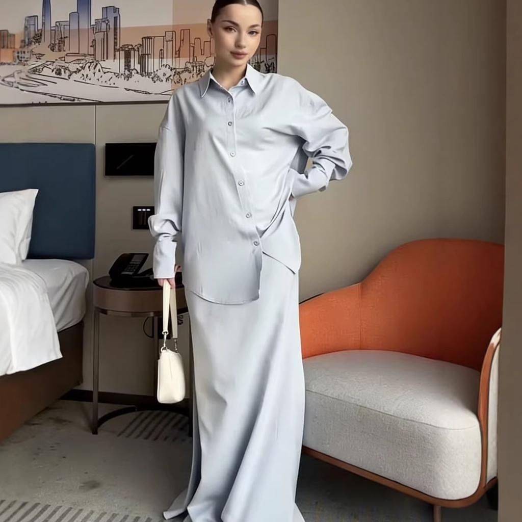 2026 spring and autumn cross-border European and American women's clothing long shirt top high waist fishtail drape skirt temperament