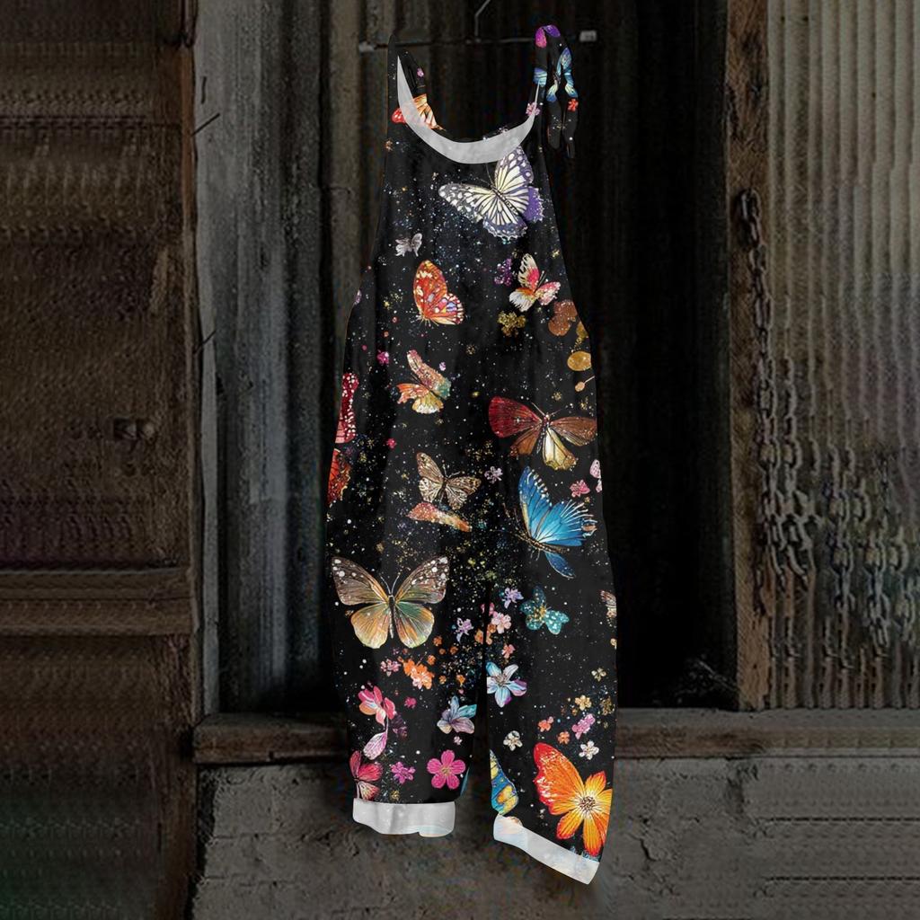 Women's Jumpsuit With Butterfly Print, Casual Loose And Retro Shoulder Straps, Cotton And Linen
