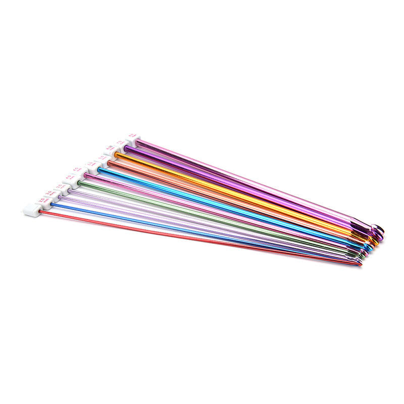 11ks 10,6" vícebarevné hliníkové tuniské / afghánské háčkovací jehly 2-8 mm