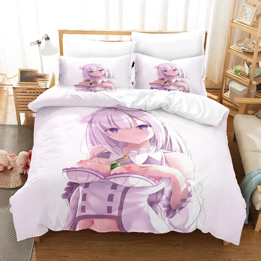 Jessica Chen Unisex Anime Re Zero Bedding Emilia Rem Set Duvet Cover Bedroom Comforter Covers Single Twin King Size Quilt Cover Home Textile