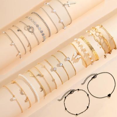 Beach Star-shaped Fringed Anklet Simple Foot Decoration, Fashionable Imitation Pearl Multi-layer Anklet Set