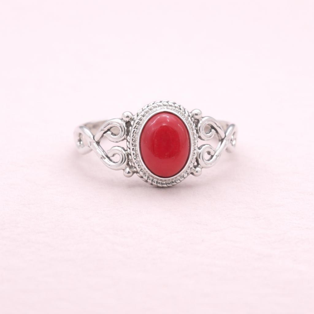 Red Coral Ring 925 Sterling Silver, Oval Boho Statement Ring, Natural Coral Gemstone Ring, Handmade Jewelry for Women