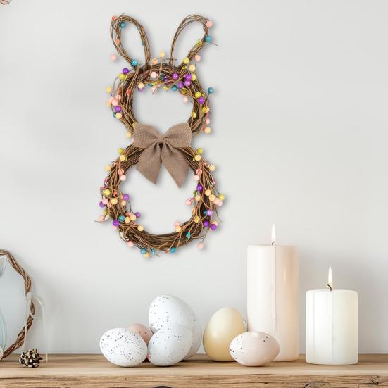 Easter Bunny Wreath with Pastel Eggs Artificial Twig Wreath with Burlap Bow Spring Rabbit Shaped Door Wreath for Front Door Decor