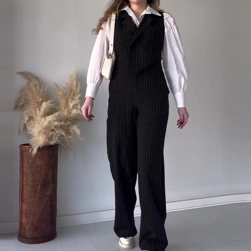 European and American Striped Print Summer Set: Short Vest & Wide-Leg Long Pants for Women, 2024 Collection