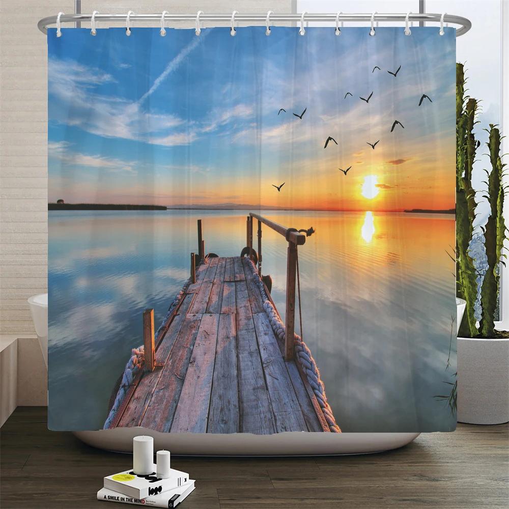 Seaside Scenery 3d Printed  Polyester Shower Curtain Wooden Bridge Nature Fabric Waterproof Bathroom Curtain for Bathtub 180x180