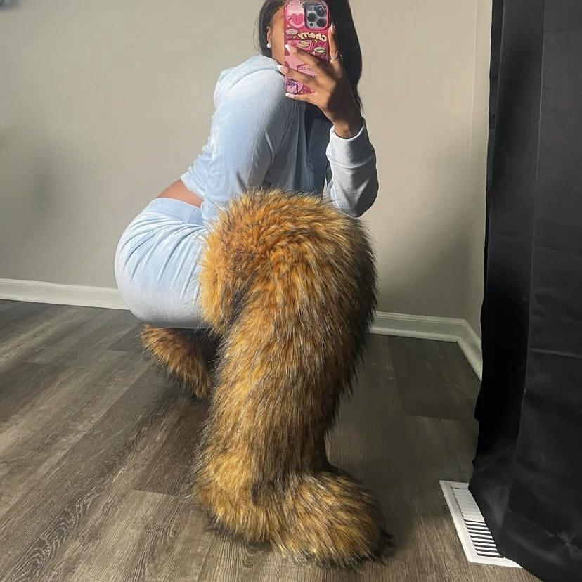 Thigh High Fluffy Boots Ladies Women Winter Furry Faux Fox Fur Long Warm Shoes Girls New Designer Plush Knee High Fur Boots