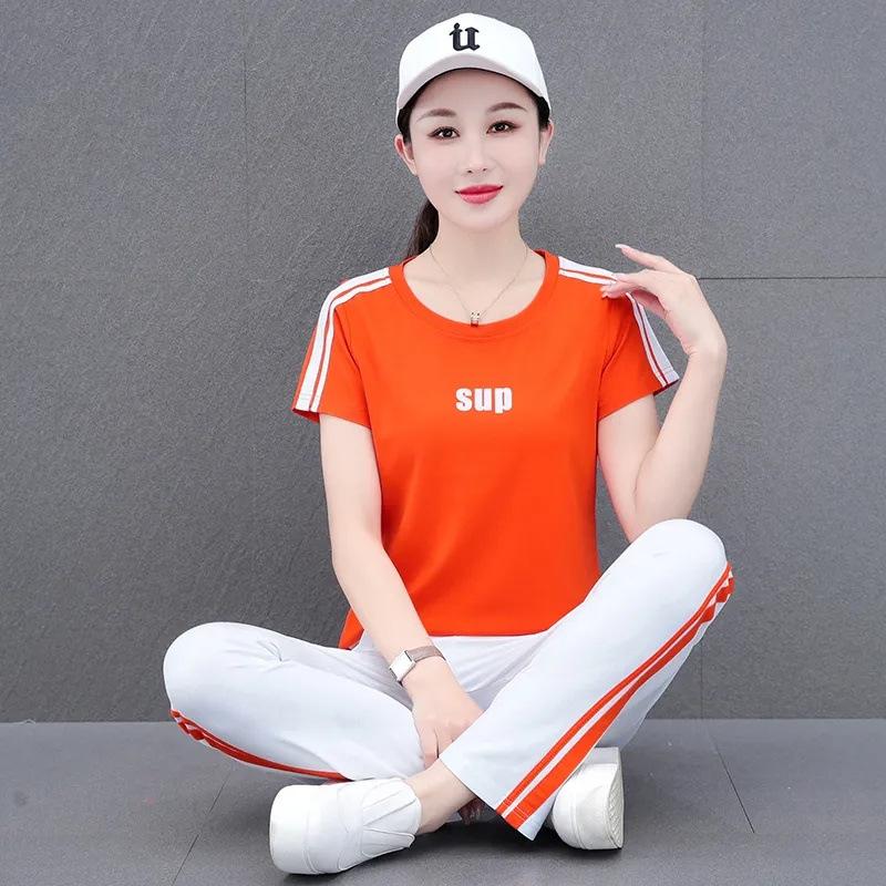 Short Sleeve Loose Sports Women's Square Dance Suit Summer New Fashion Mom T-Shirt Two-piece Set Unisex