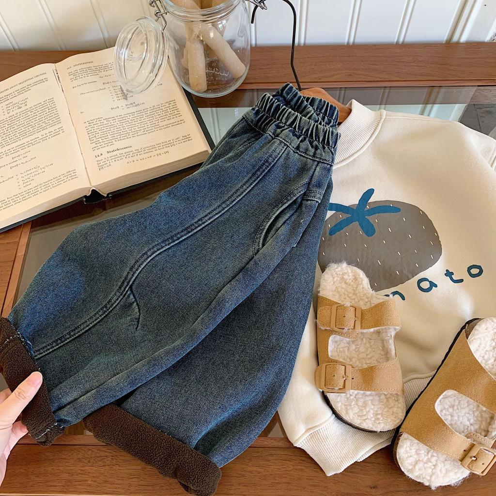 Children's Jeans 2024 Winter New Boys' Korean Style Simple All-match Baby Fleece-lined Trousers