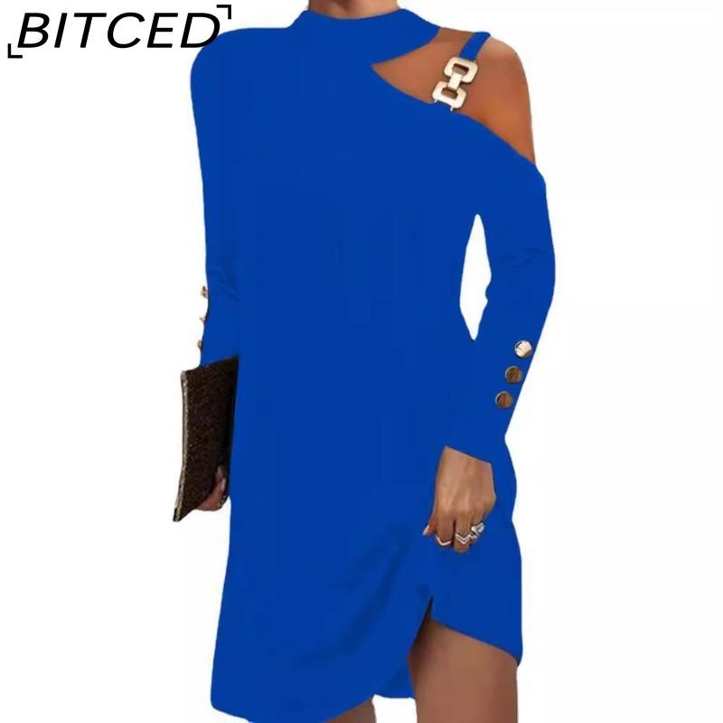BITCED Women's Fashion Spring Autumn Solid Color Print Long Sleeve High Waist Casual Dresses
