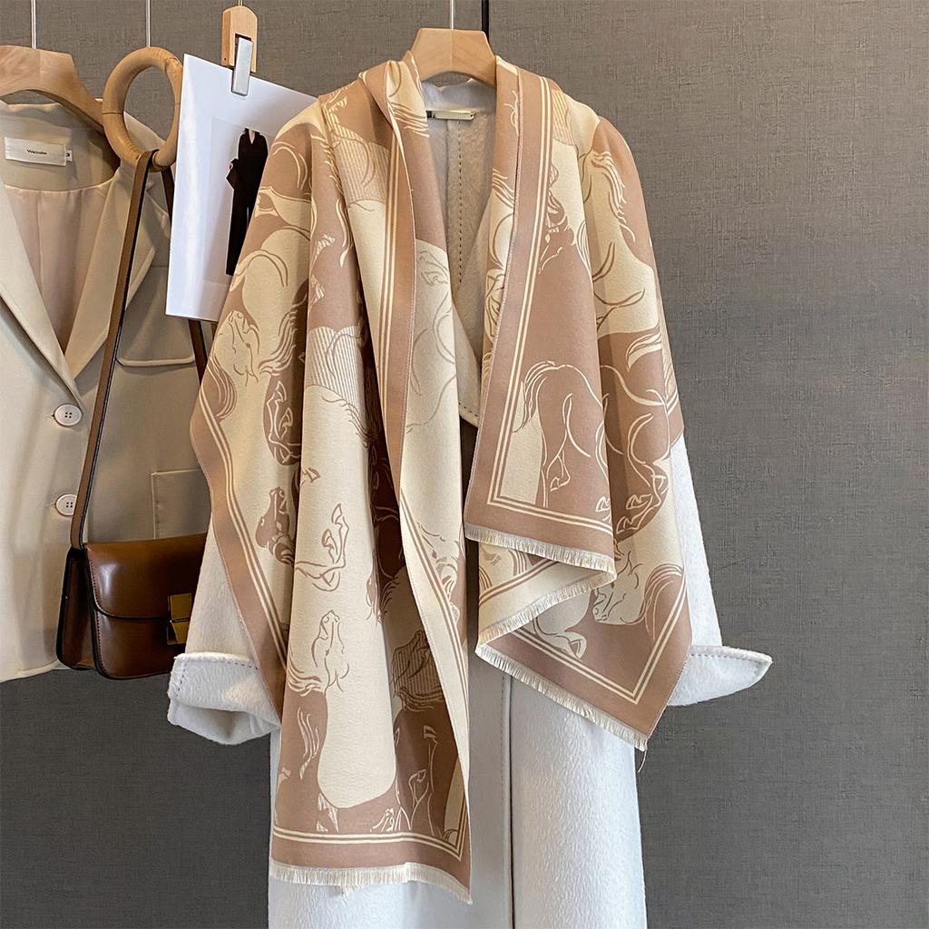 Autumn and winter new horse galloping printing large square scarf women's imitation cashmere versatile scarf high-end warm shawl