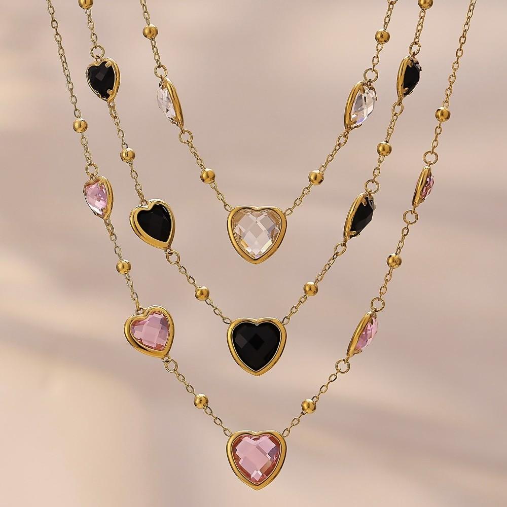 Colorful Heart-shaped Jewelry Set Stainless Steel Earrings Hand Chain Heart Glass Necklace  Gift