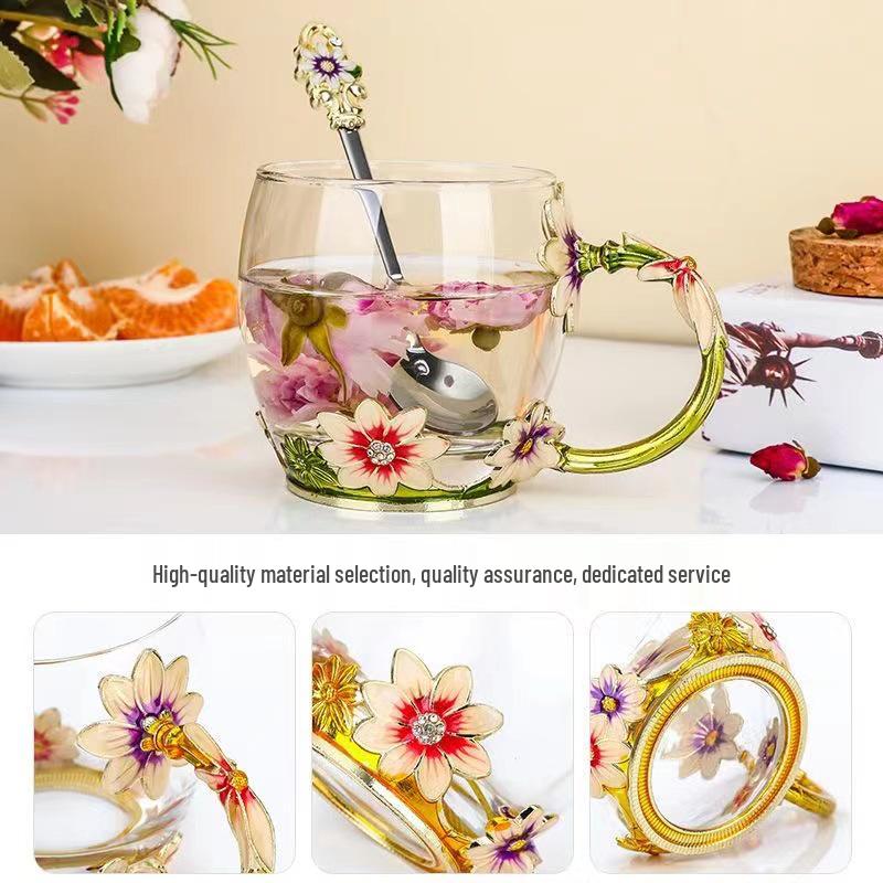 Chrysanthemum Enamel Glass Tea Cup - Lead-Free Crystal Coffee Cup Gift