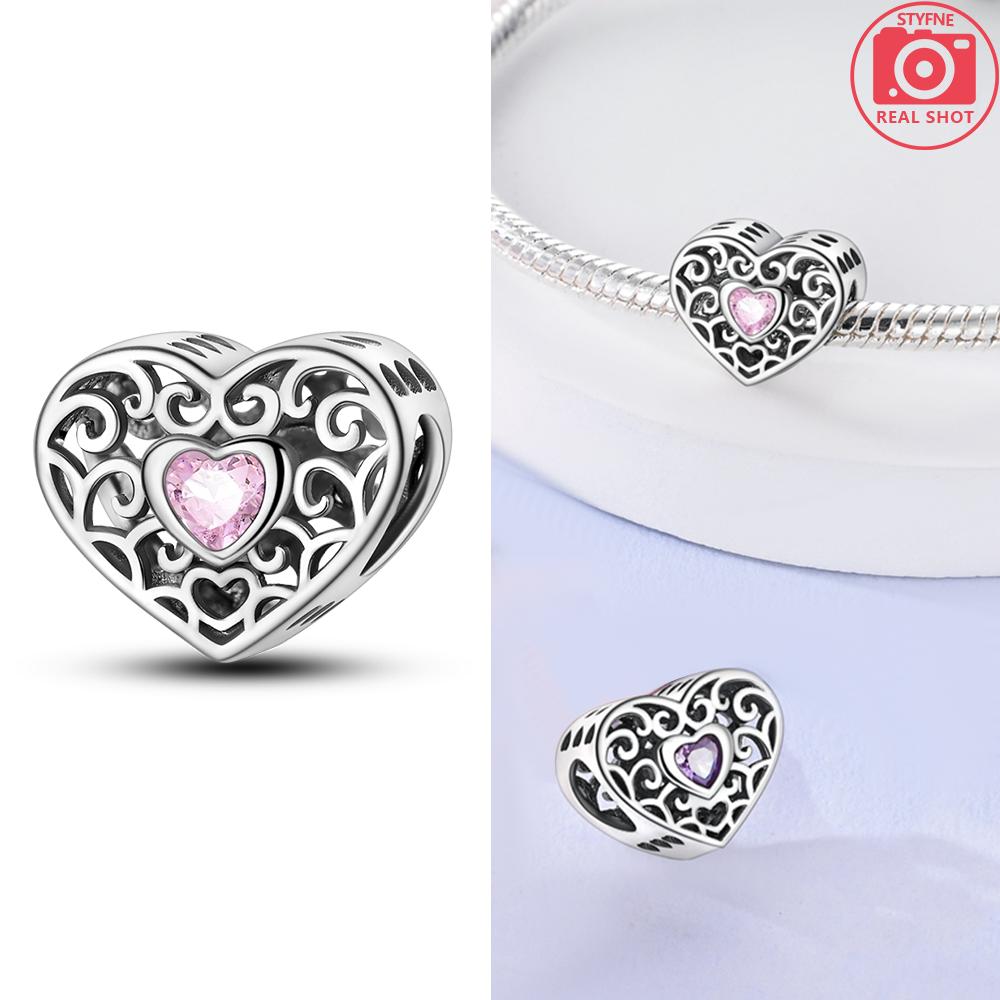 Original Charms Copper Pink Love Heart Zircon Cherry Love Rose Flower Beads Fit Bracelet Women Jewelry Diy Accessory Gift