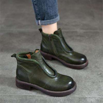 Vintage Genuine Leather Short Boots Round Toe Side Zipper Versatile Women's Shoes