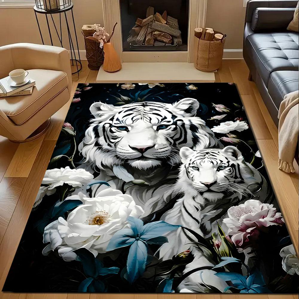 White Tiger Duo Amid Flowers Patterned carpet, non slip mat suitable for living room and bedroom sofas