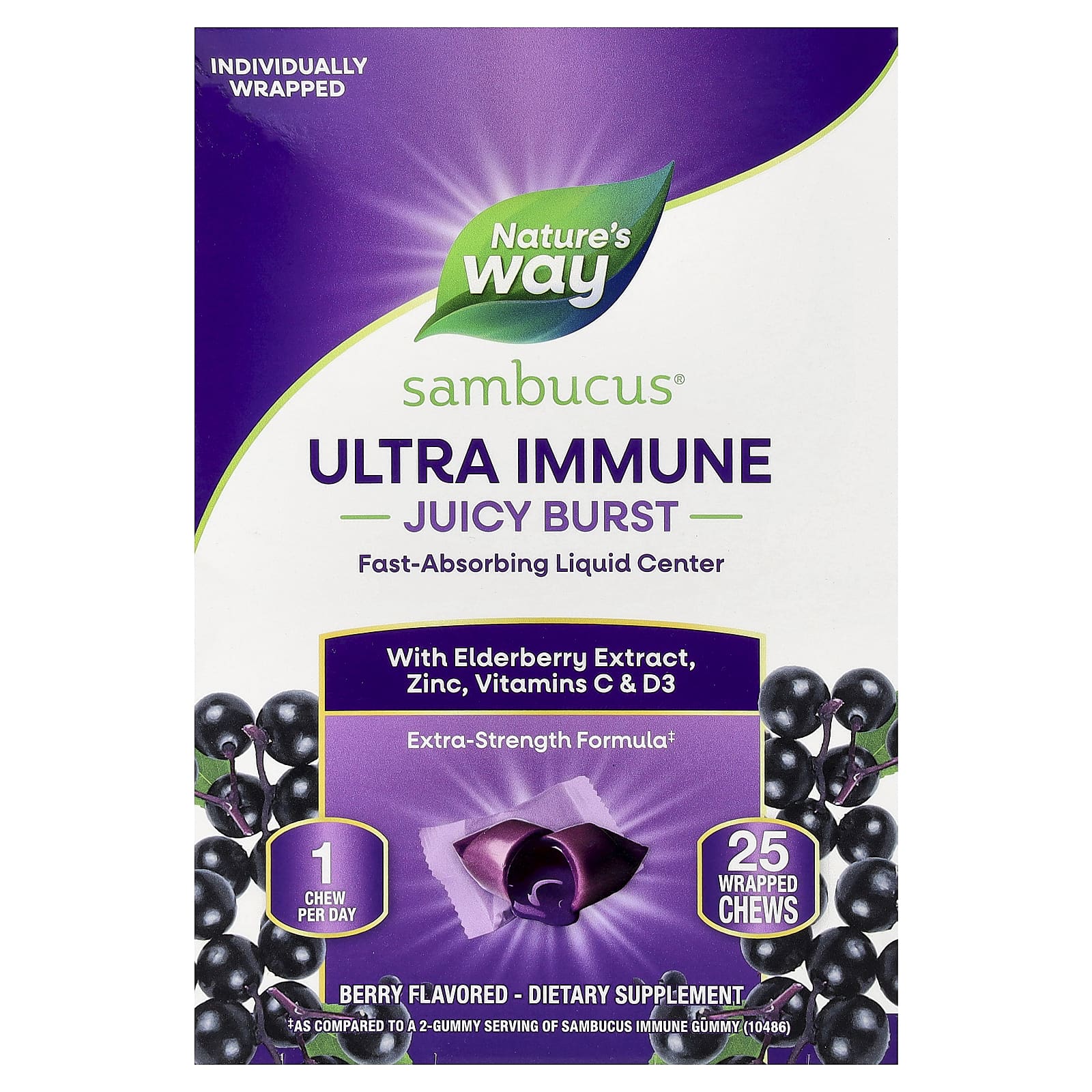 

Nature s Way, Sambucus® Ultra Immune Juicy Burst, Berry, 25 Wrapped Chews