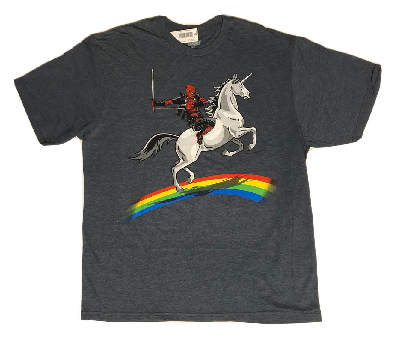 Marvel Deadpool Riding Unicorn Rainbow Blue Graphic T Shirt Adult Size L S