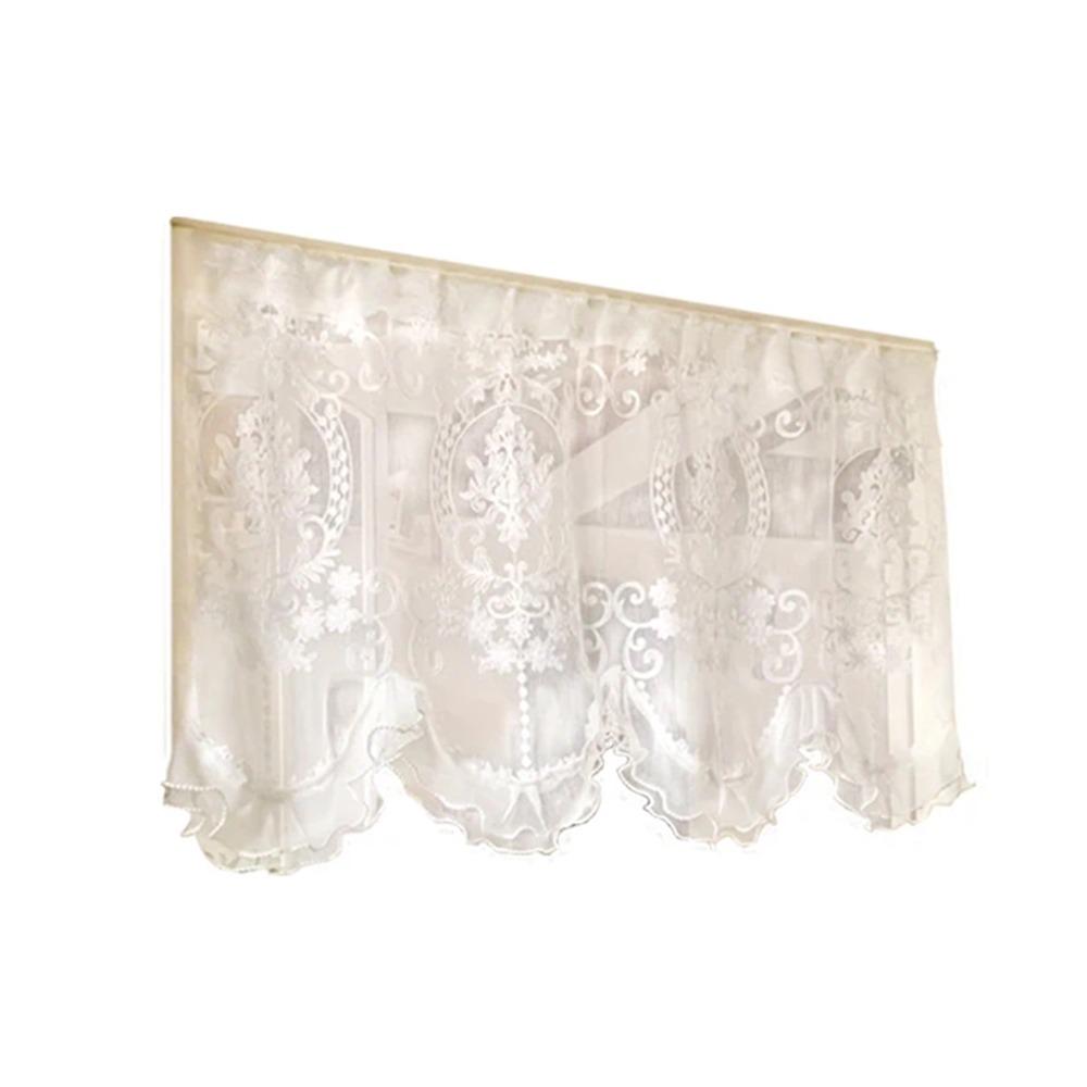 Wavy Edge Beaded Half Yarn Drapes Double Pearls Lace Bottom Floral Short Tulle Drapery  Door